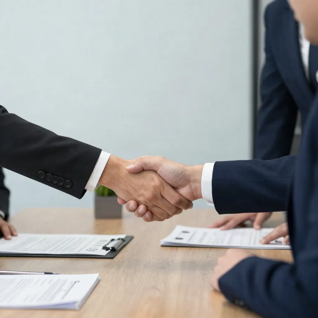 Two professionals shaking hands after signing NDA agreement
