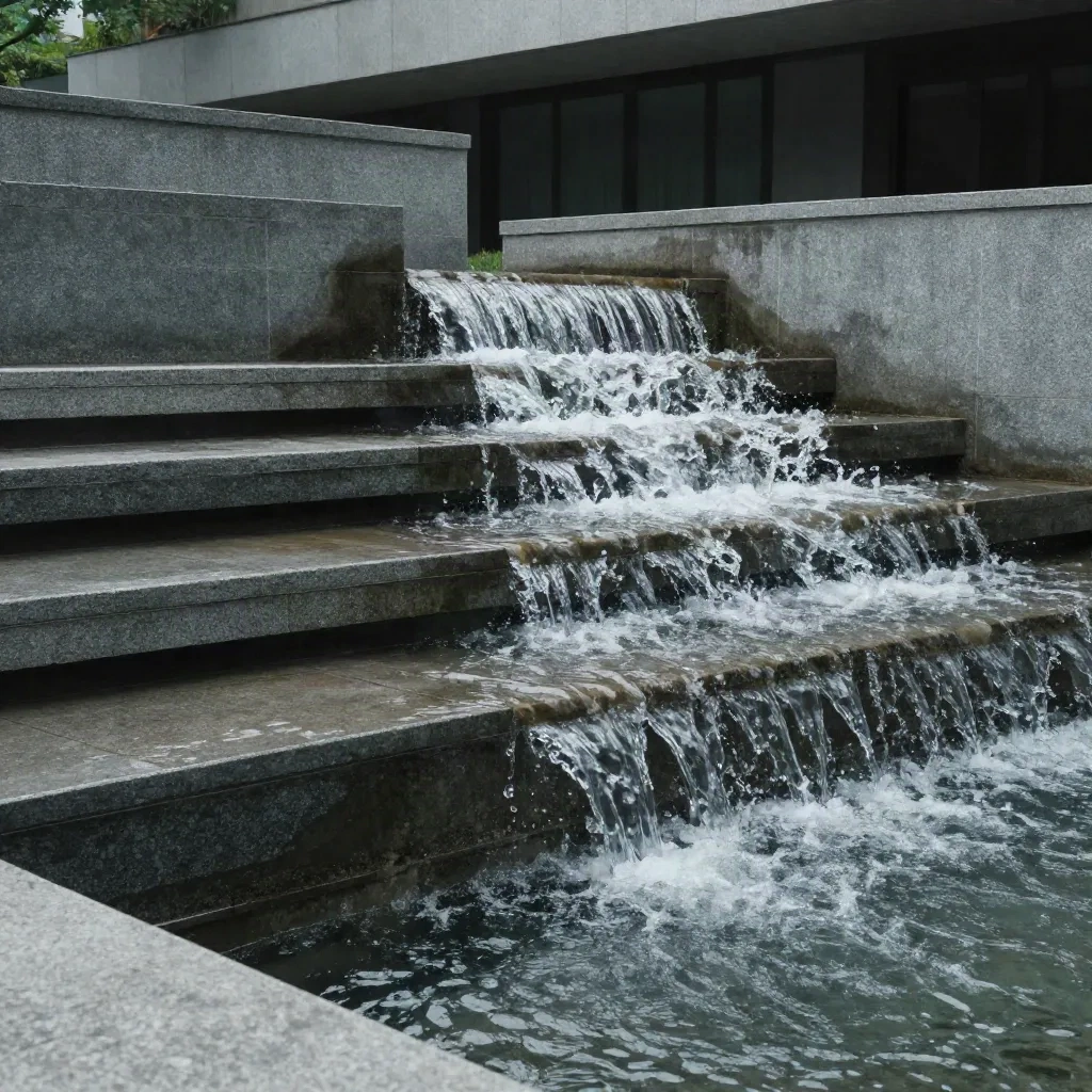 Water cascading down granite steps, one tier feeding the next