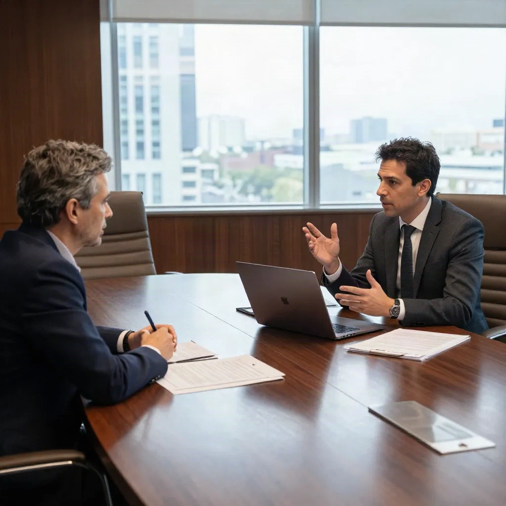 Two professionals discussing investment terms across a conference table in a European boardroom