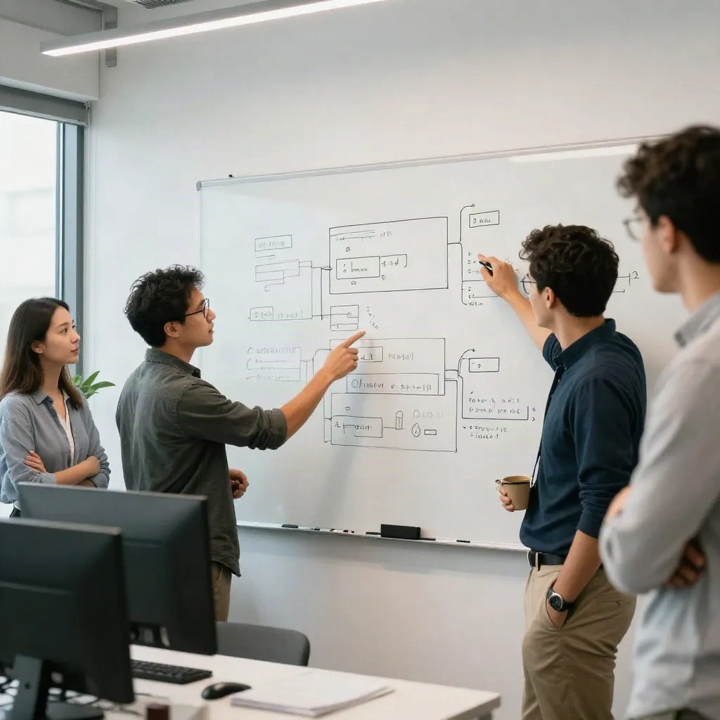 Software development team gathered around a whiteboard reviewing code architecture diagrams