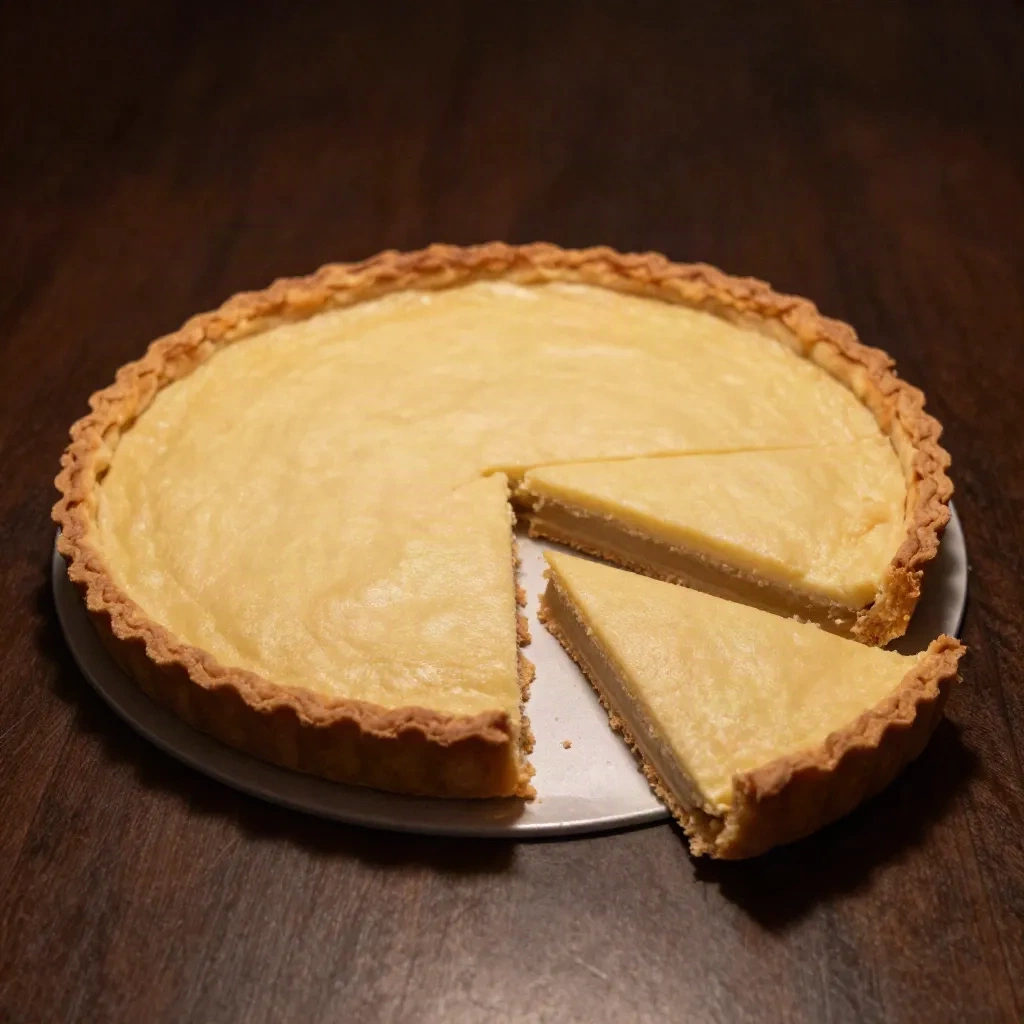 A round tart cut into uneven slices on a dark boardroom table