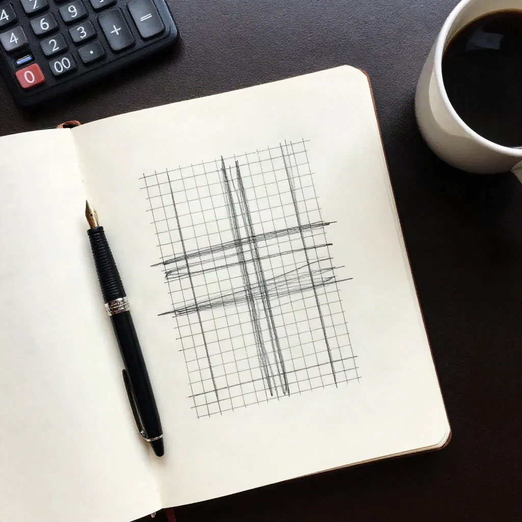 Notebook with hand-drawn grid sketches, pen and calculator on a desk