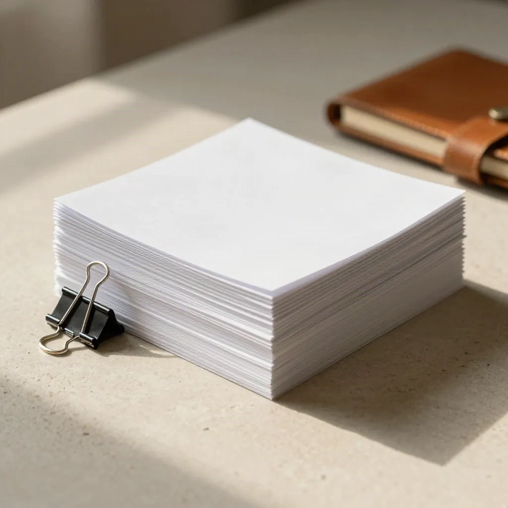 折り畳まれた契約書がバインダークリップで留められ、閉じたノートの隣に置かれた様子