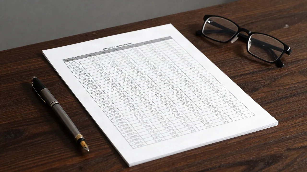 A printed cap table spreadsheet on a dark desk with a fountain pen and reading glasses