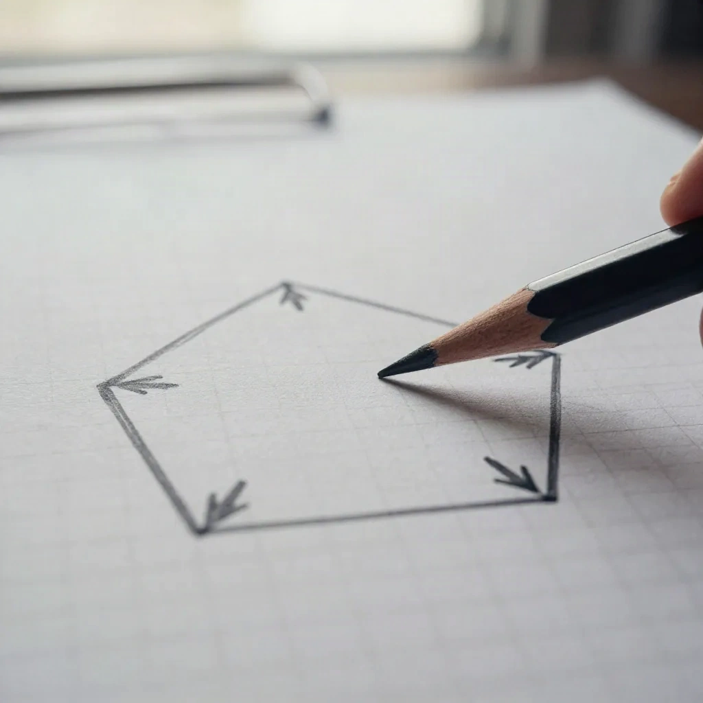 Hand-drawn pentagon diagram with arrows pointing to a central shape on graph paper