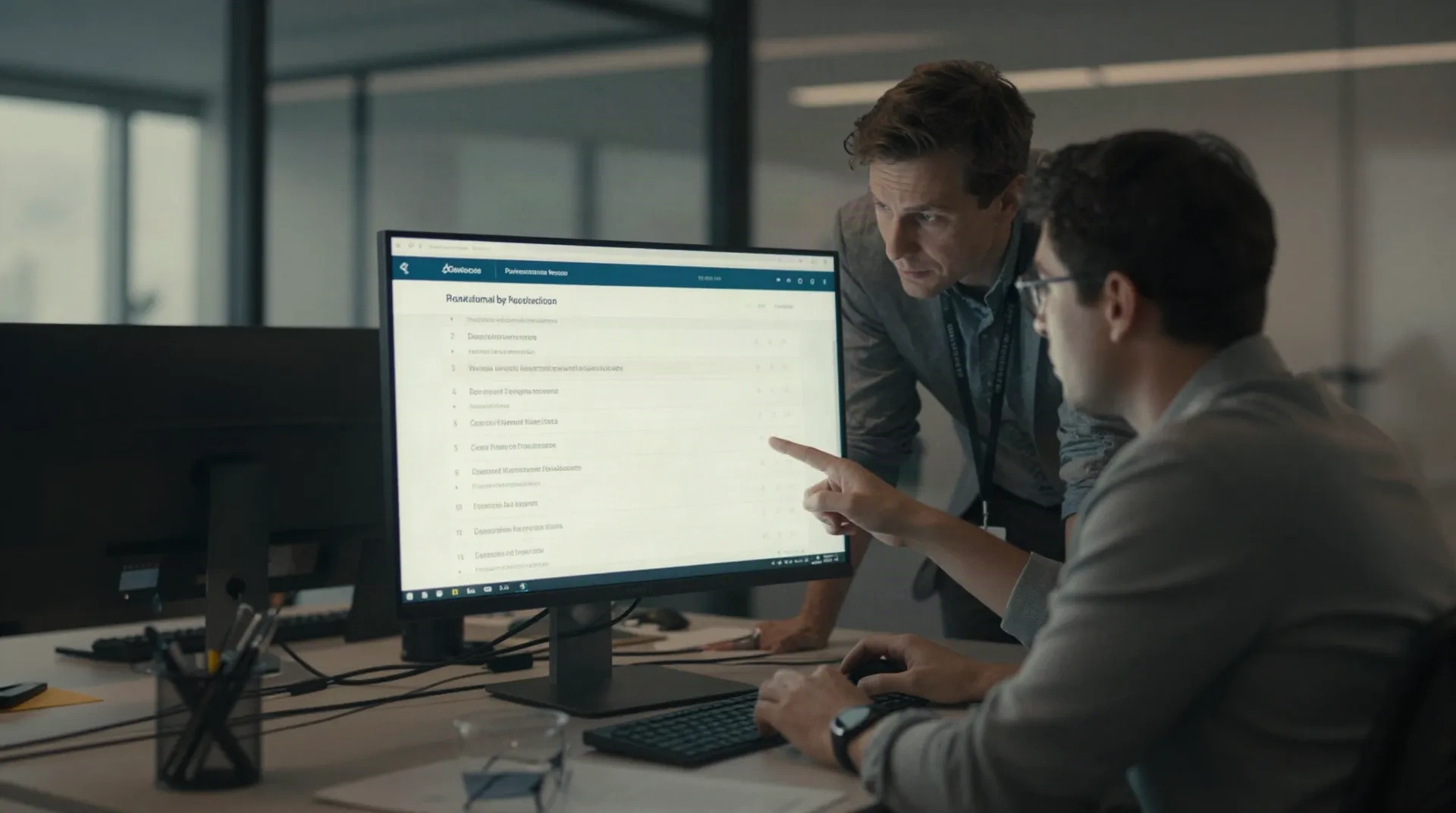 Zwei Private-Equity-Deal-Analysten überprüfen eine bewertete Shortlist auf einem Monitor in einem Büro mit Glassplitterwänden