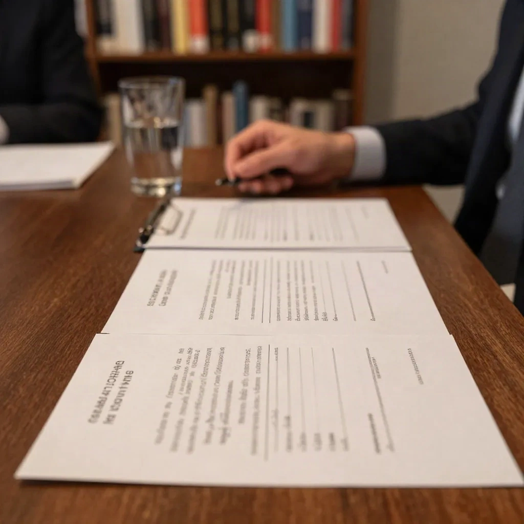 Printed memo pages with margin notes laid out on a partner meeting table