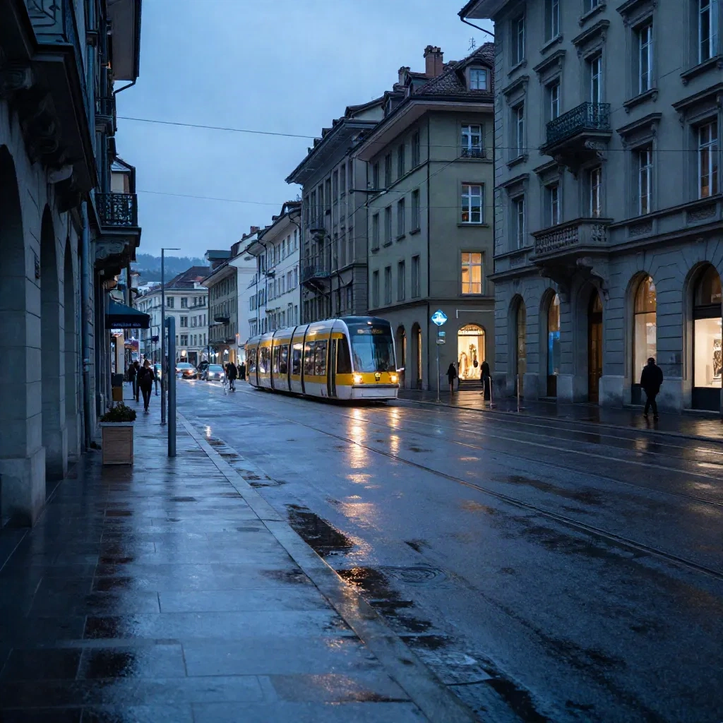Zurich street at dusk with tram lines and stone buildings