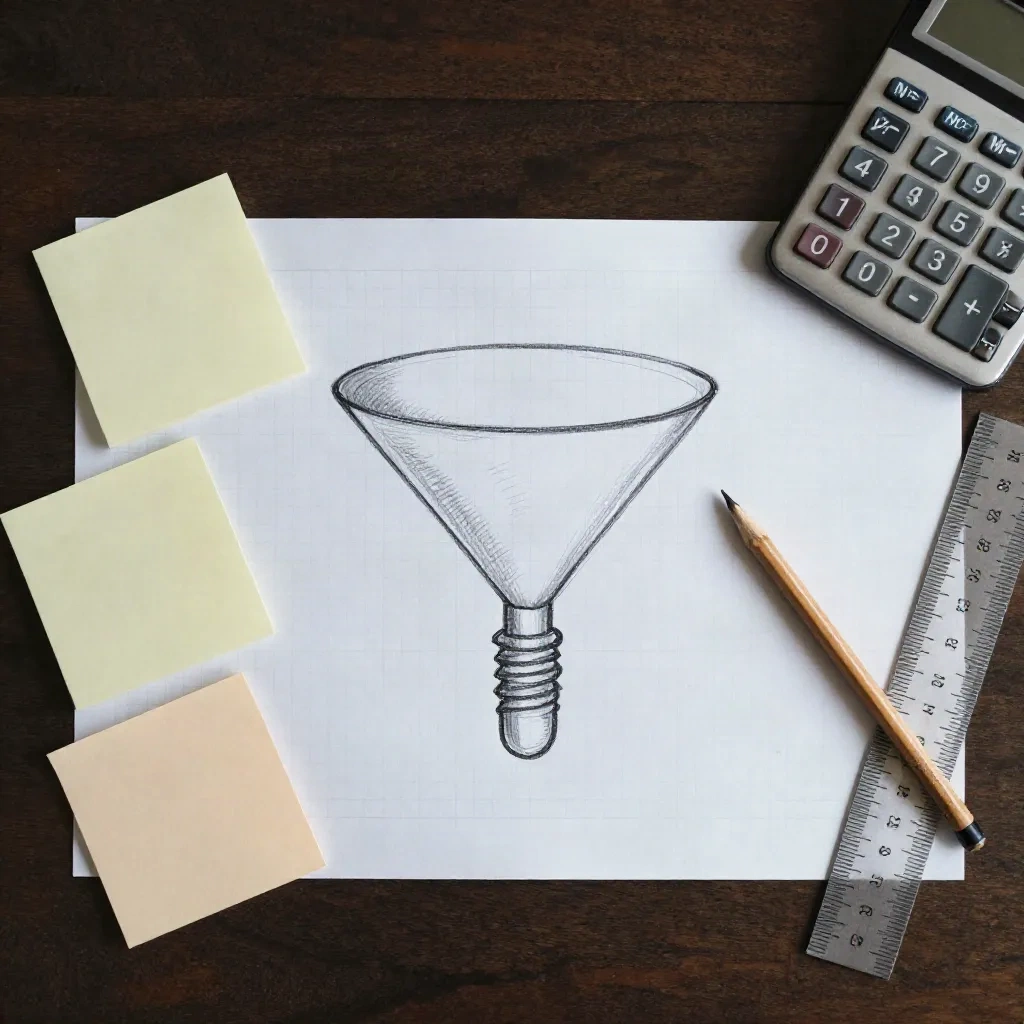 鉛筆で描かれた販売ファネルのスケッチ、方眼紙、付箋、電卓