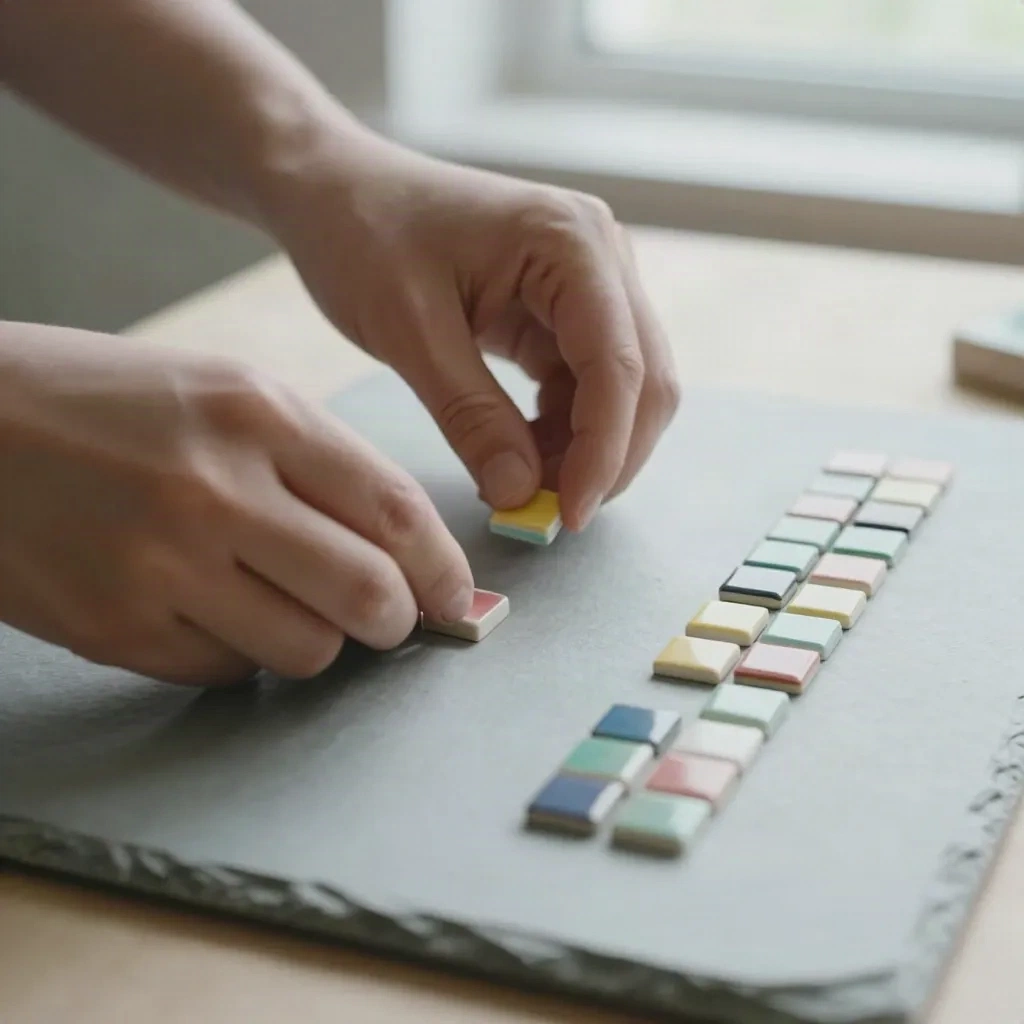 Hands separating ceramic tiles into distinct clusters on a slate surface
