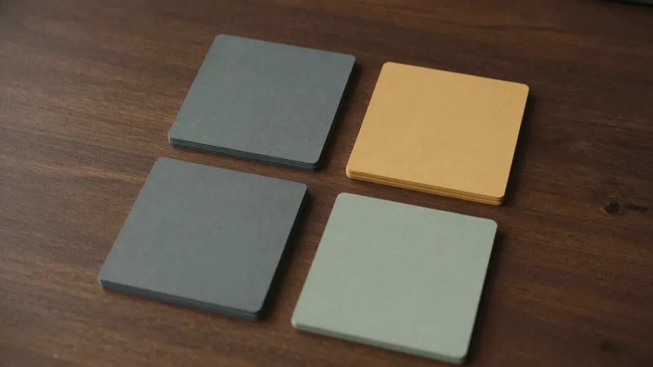 Analyst sorting paper cards into four groups on a dark walnut desk