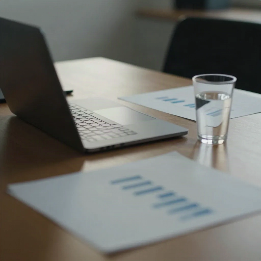 Empty fund meeting table with a closed laptop and printed charts