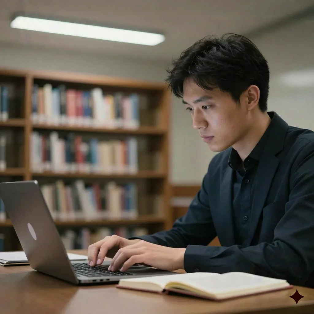 Analista professionista al laptop con taccuino aperto in una biblioteca