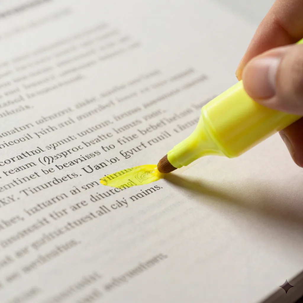 Mano che evidenzia passi chiave in un documento stampato