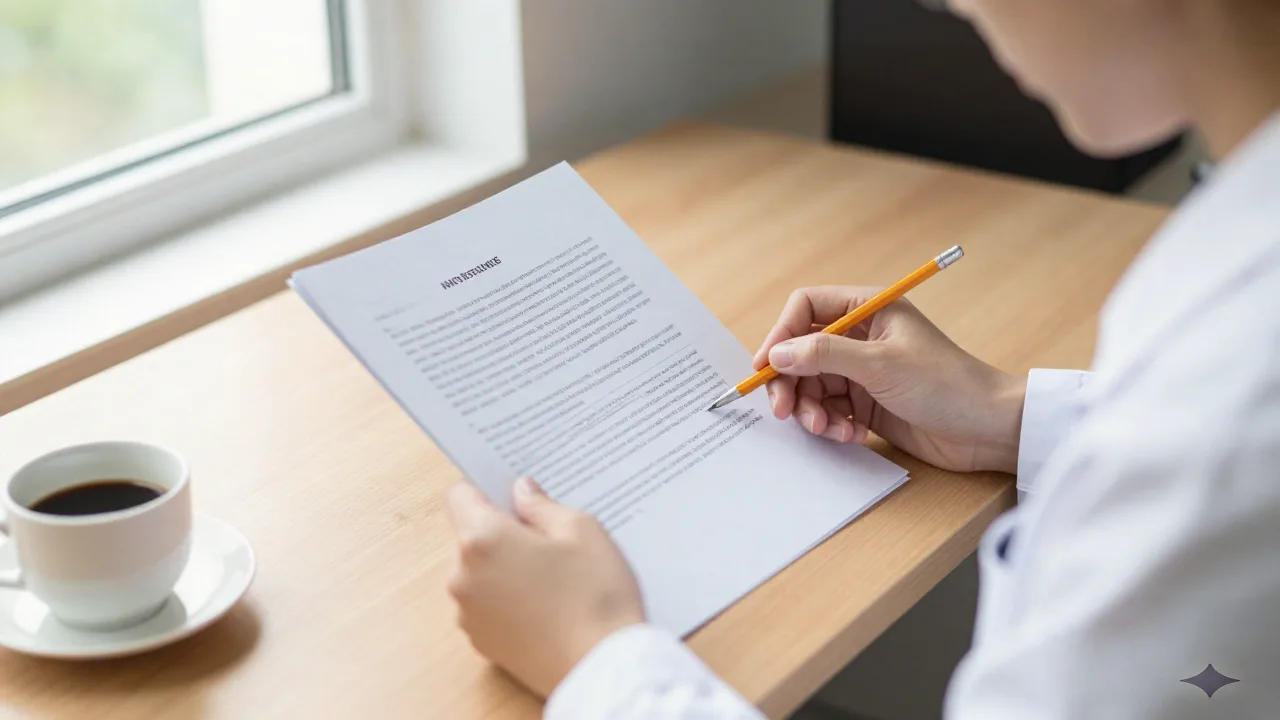 Researcher reading and annotating an academic document at a wooden desk