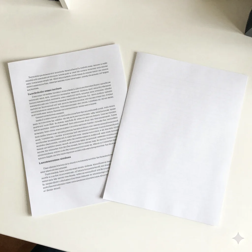 Documento originale denso accanto a note manoscritte condensate su una scrivania