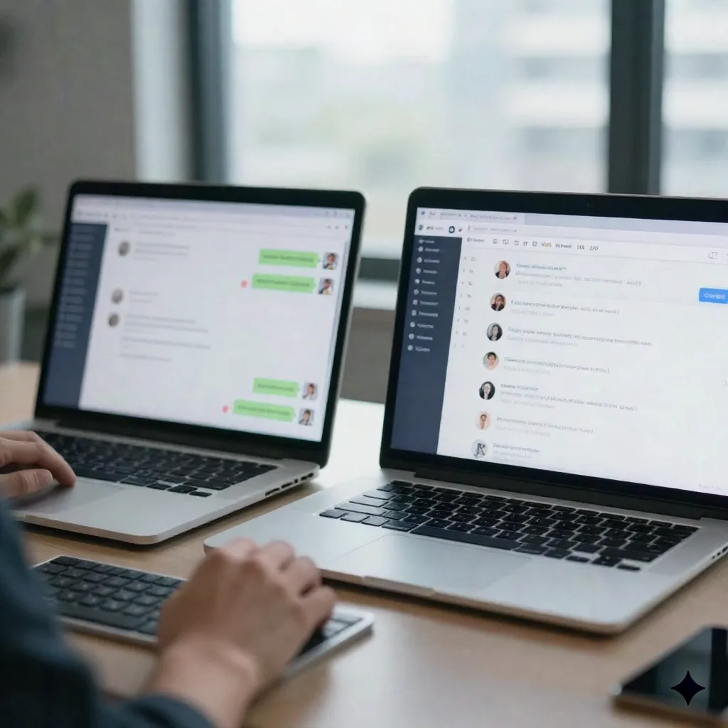Two laptops side by side showing different AI assistant interfaces on an office desk