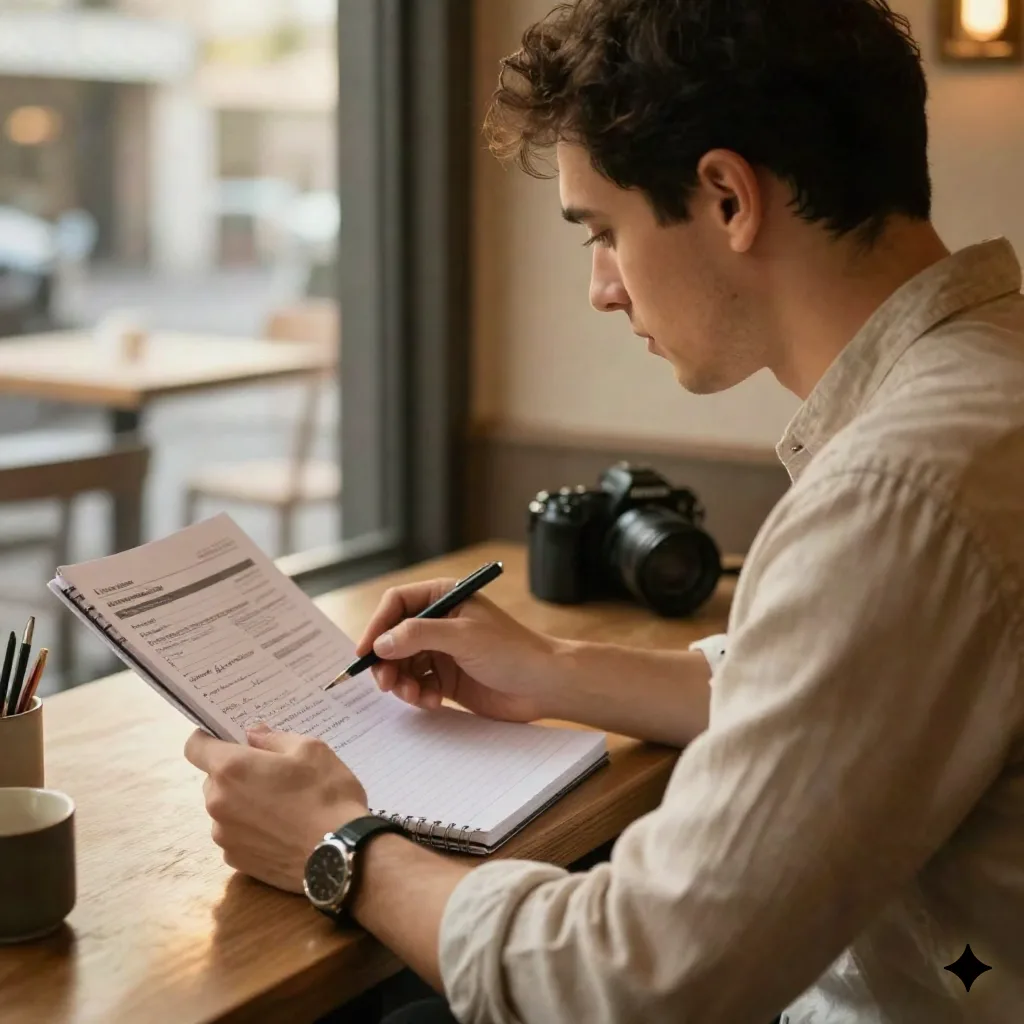 Consultant cross-referencing handwritten meeting notes against a printed report at a cafe table