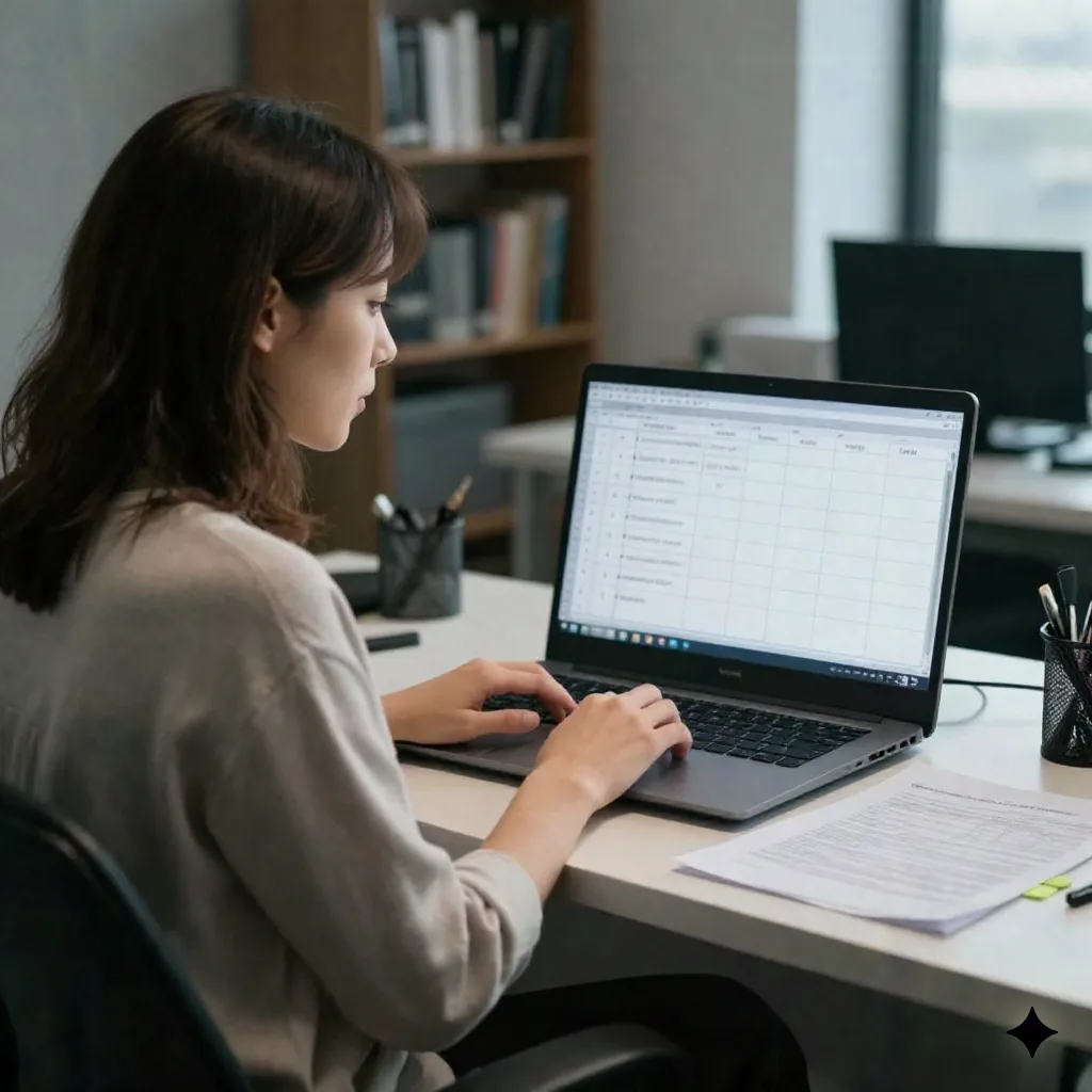 Researcher reviewing a structured task board on a laptop next to a tabbed printed report