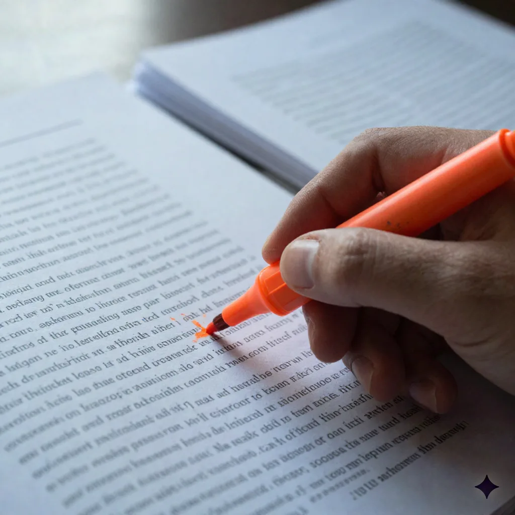 Close-up of a hand highlighting a dense paragraph in a printed academic paper