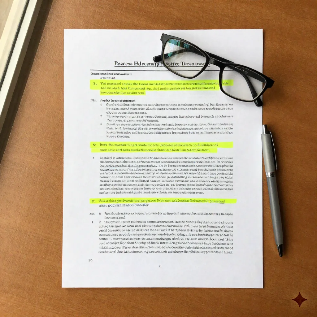 Flat lay of a printed research report with highlighter marks and reading glasses