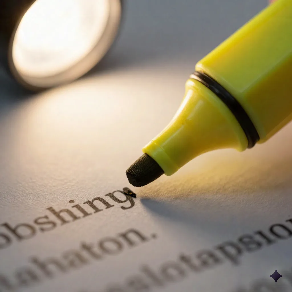 Macro close-up of a highlighter pen marking a line of printed text