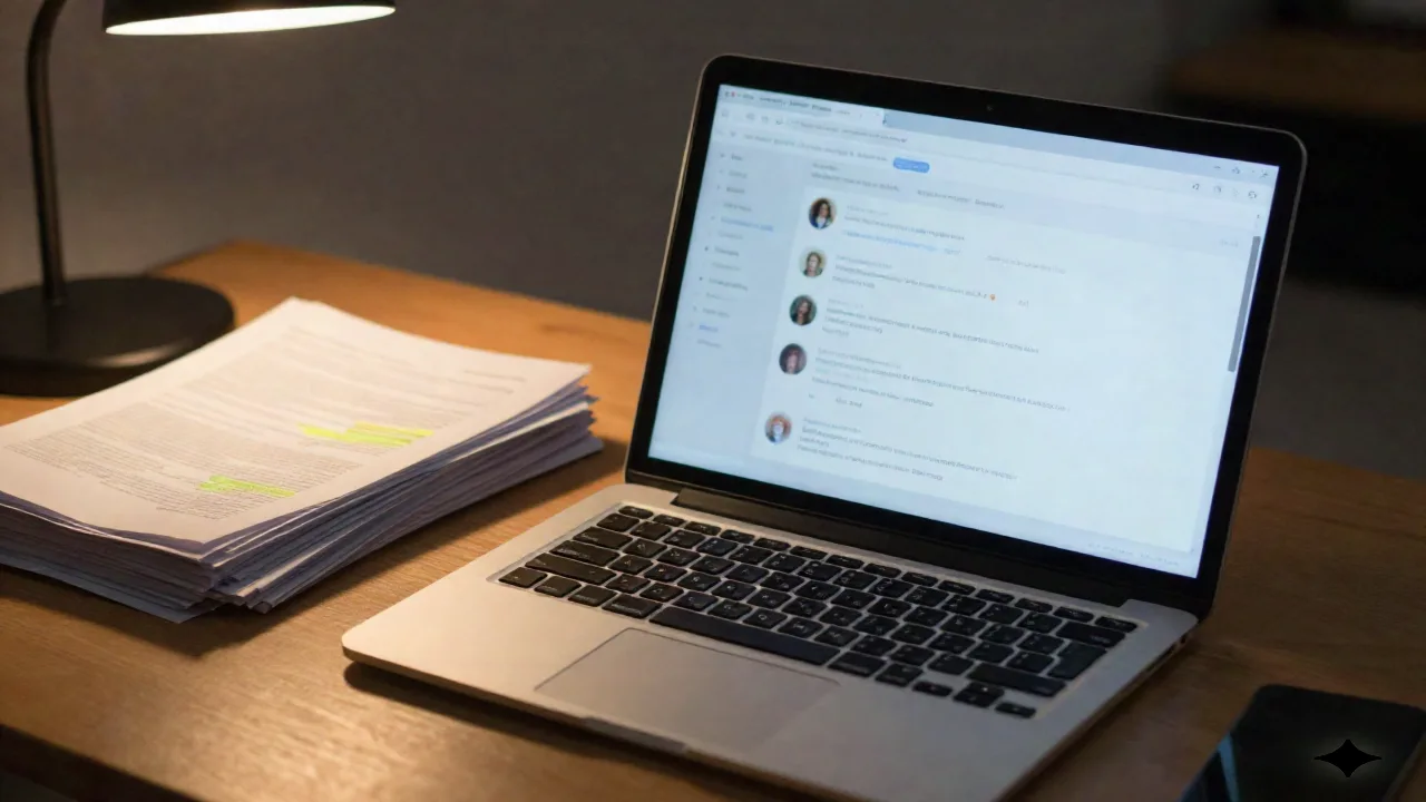 Chercheur à son bureau en fin d'après-midi avec un ordinateur ouvert sur une interface de chat IA