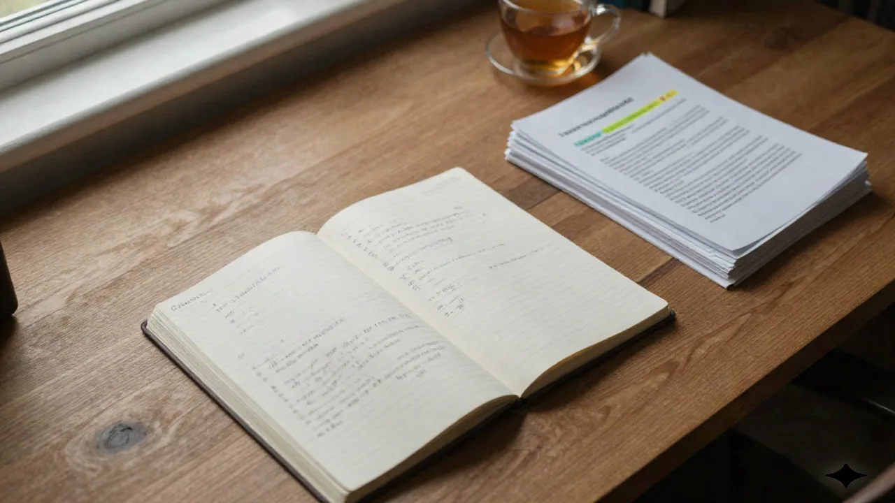 Un escritorio de estudio tranquilo con un cuaderno abierto y una pila de papeles anotados, luz suave de ventana, sin texto visible