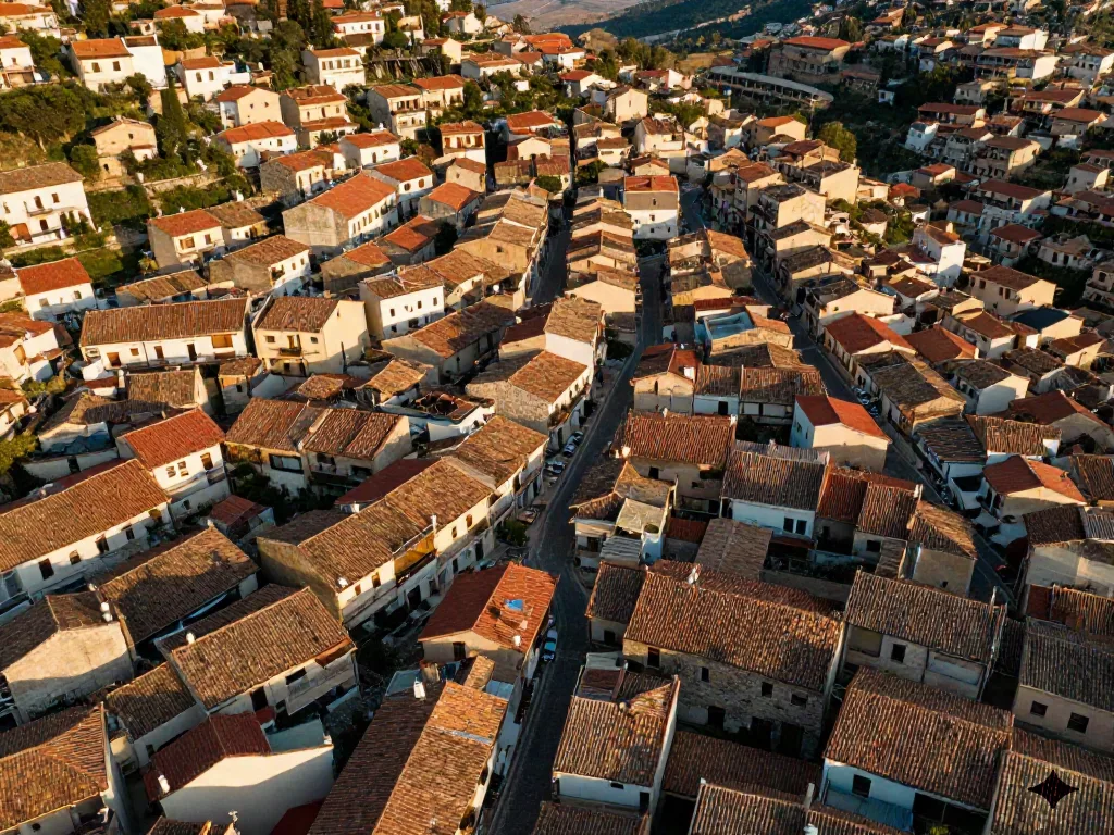Overhead view of a dense hillside town with terracotta roofs and narrow winding streets, no visible signage