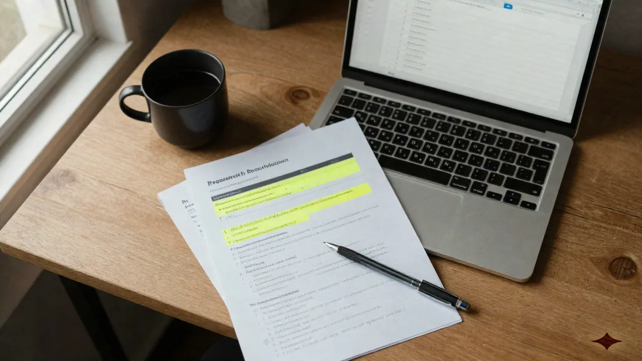 Overhead view of a highlighted printed report next to a laptop showing a structured task checklist on a desk