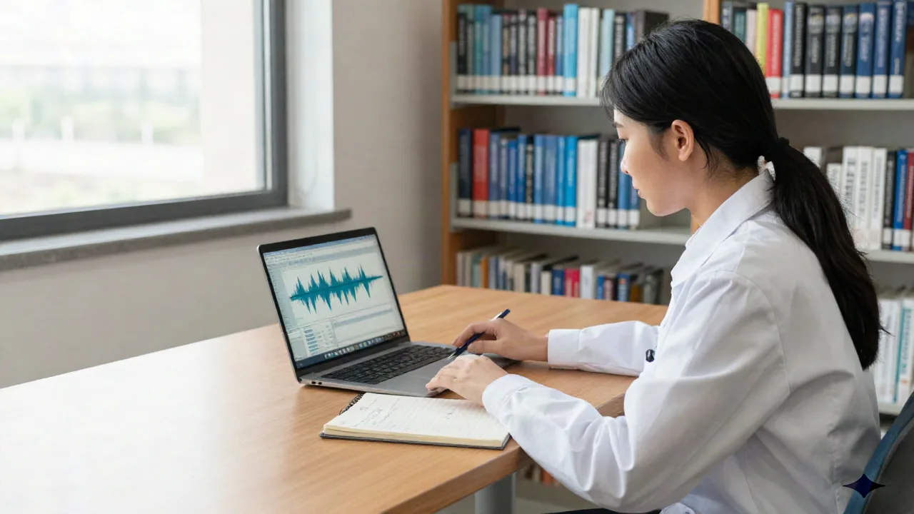 Ricercatore che registra una lezione alla scrivania della biblioteca universitaria