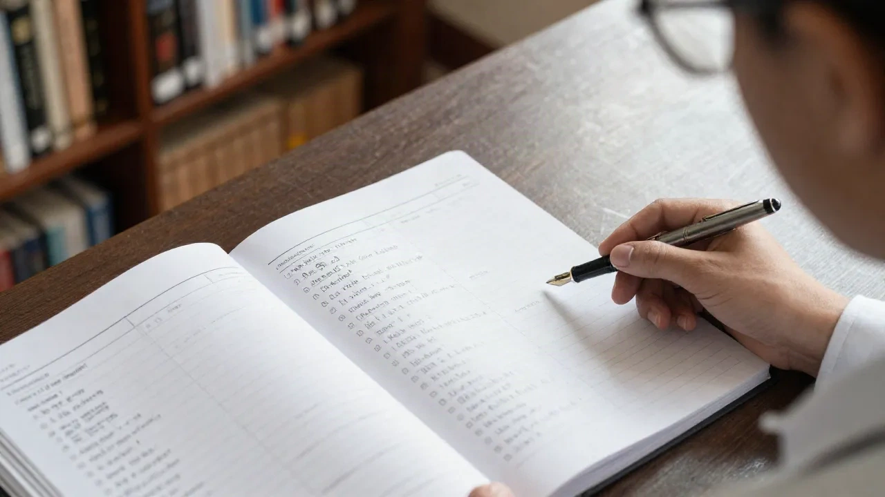 Strukturiertes Notizbuch für Besprechungsprotokolle auf einem Schreibtisch mit geordneten Abschnitten