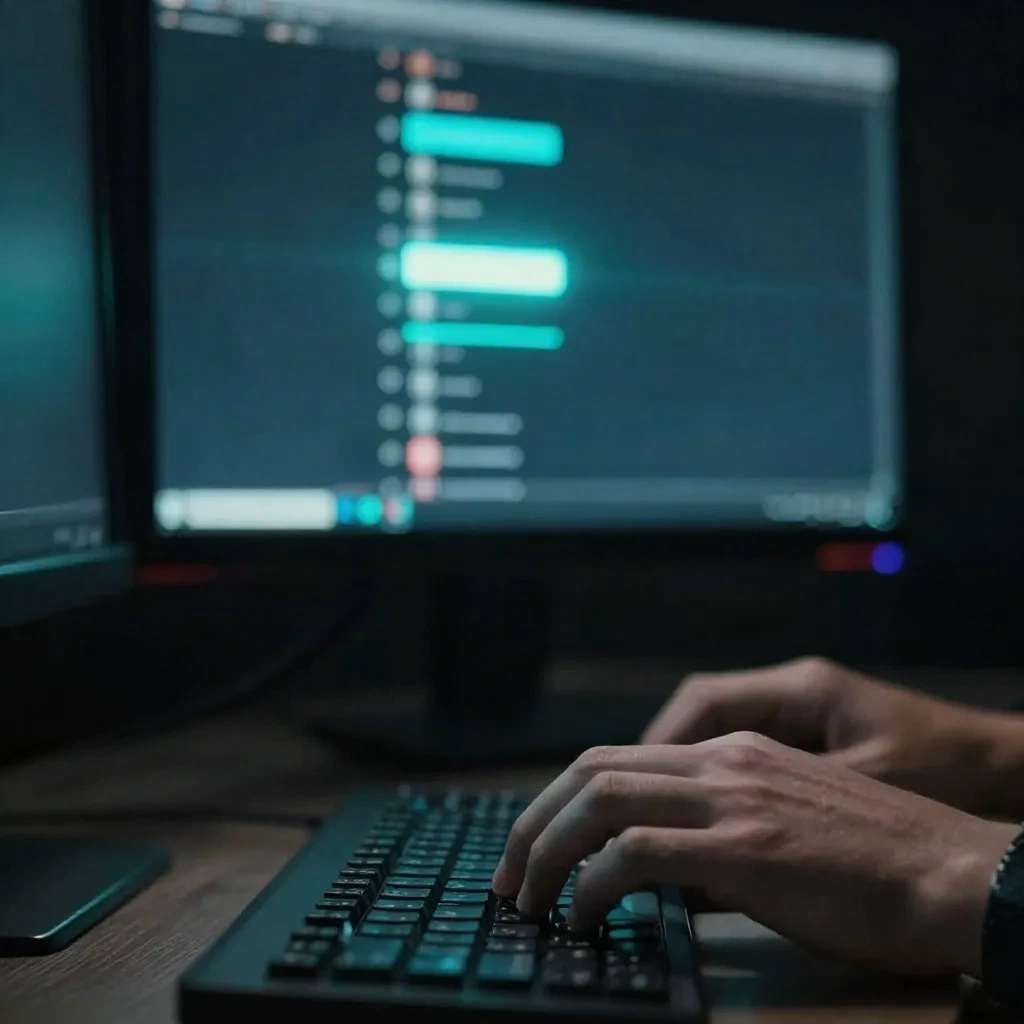 Hands on a keyboard with a monitor showing a ranking ladder with highlighted mid-range positions glowing in teal