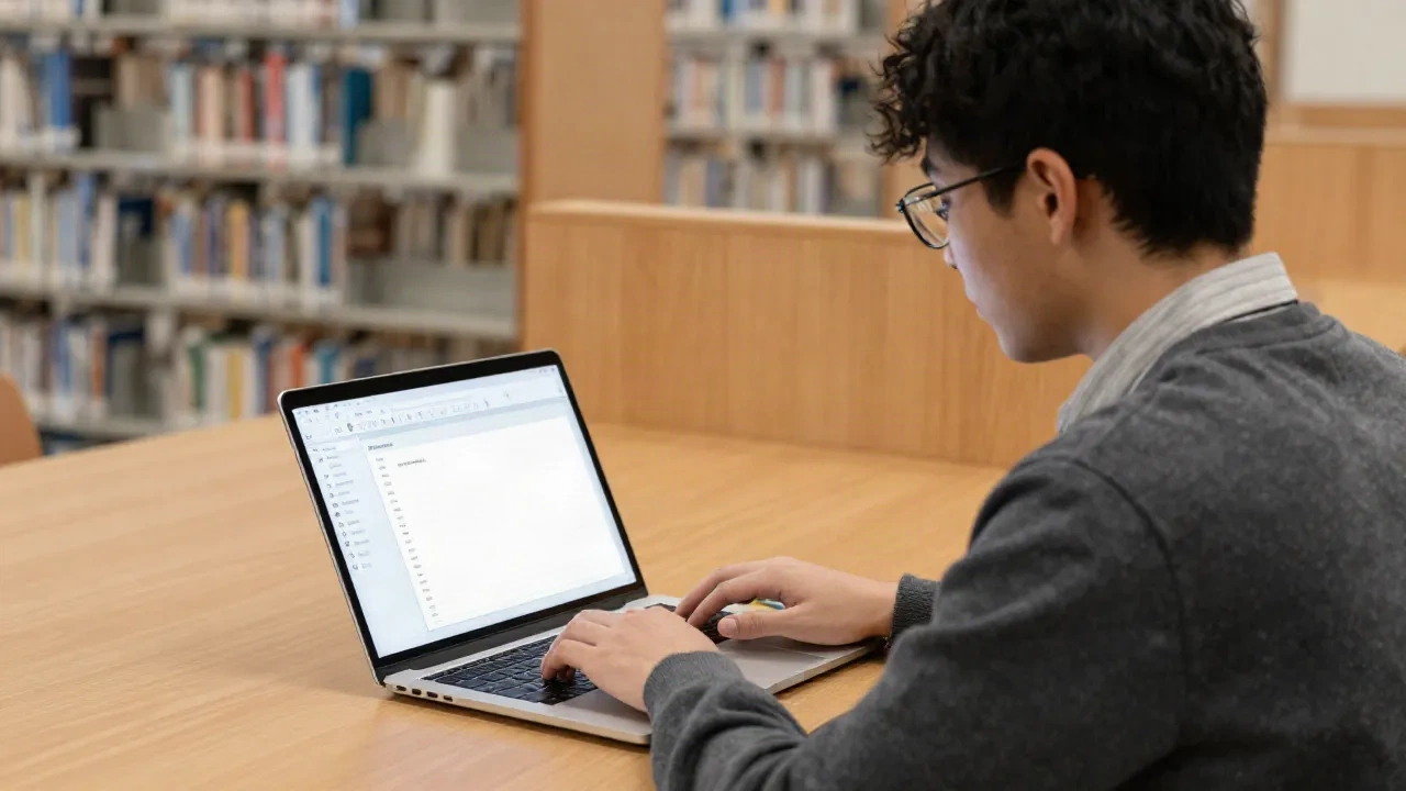 Student, der auf einem Laptop in einer modernen Universitätsbibliothek Notizen macht