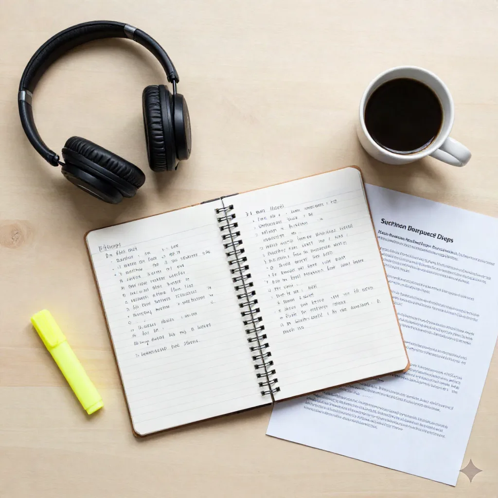 Présentation plate de casques, notes annotées et articles académiques pour la révision de cours