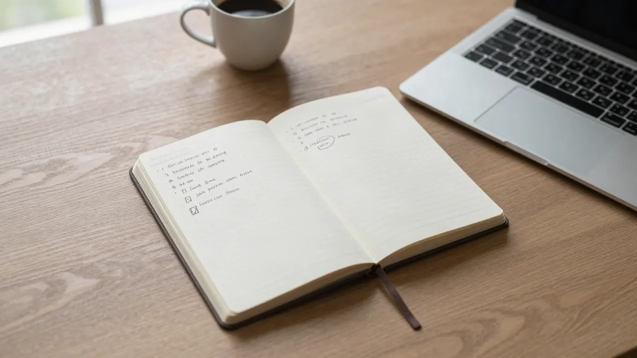Offenes Notizbuch mit handschriftlichen Besprechungsnotizen, Entscheidungen und Maßnahme neben einem Laptop und Kaffeetasse