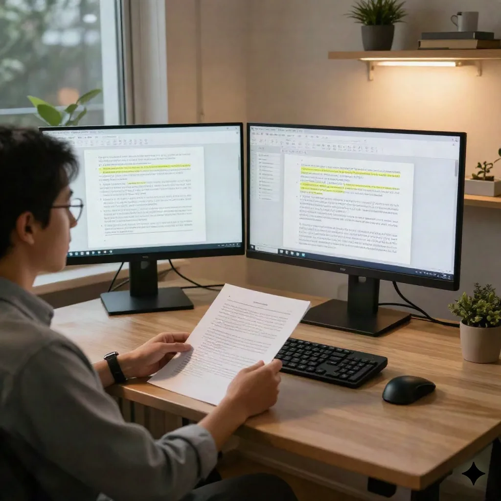 Chercheur examinant des notes de transcription annotées à un bureau debout
