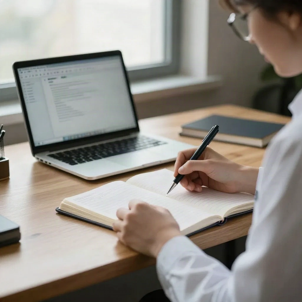 Peneliti membuat catatan di meja dengan laptop, bagian buku catatan terorganisir terlihat dalam cahaya pagi