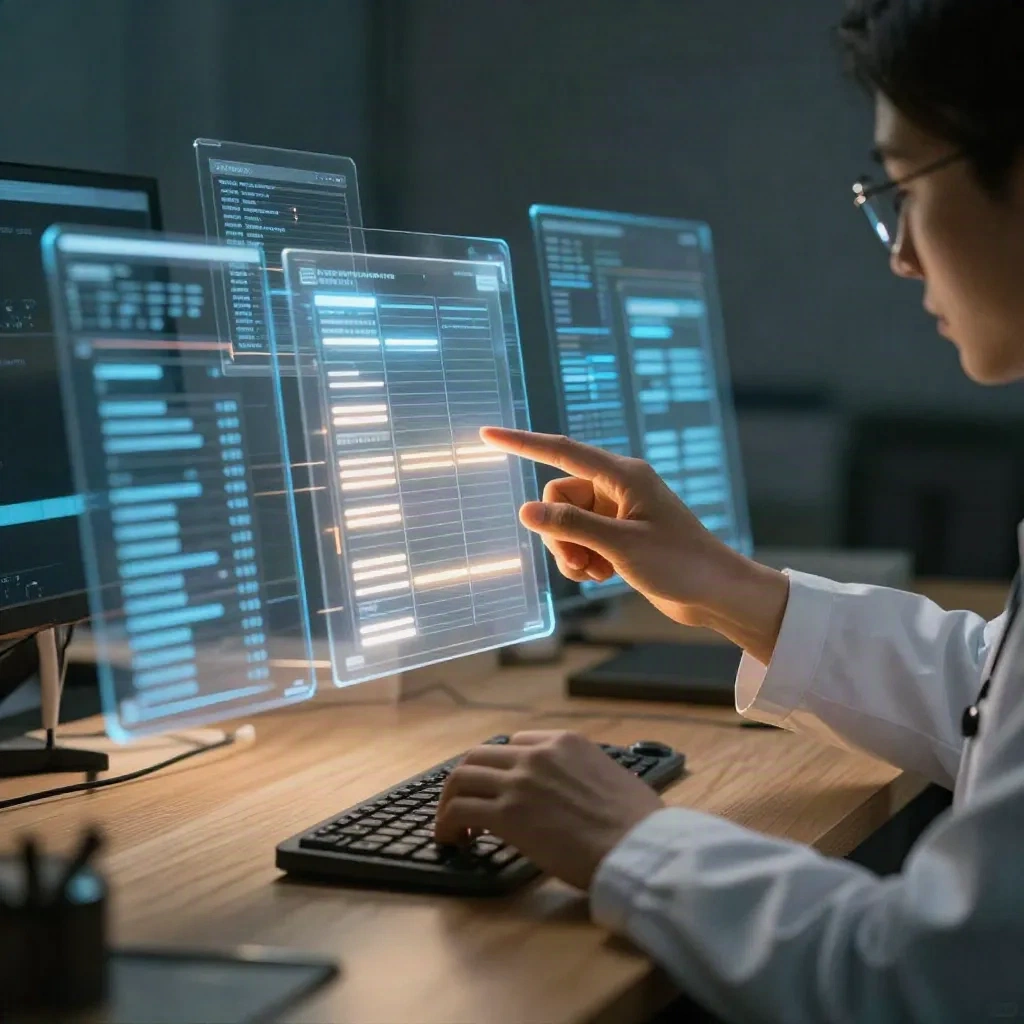 Researcher selecting one highlighted row from layered data grids floating in the air