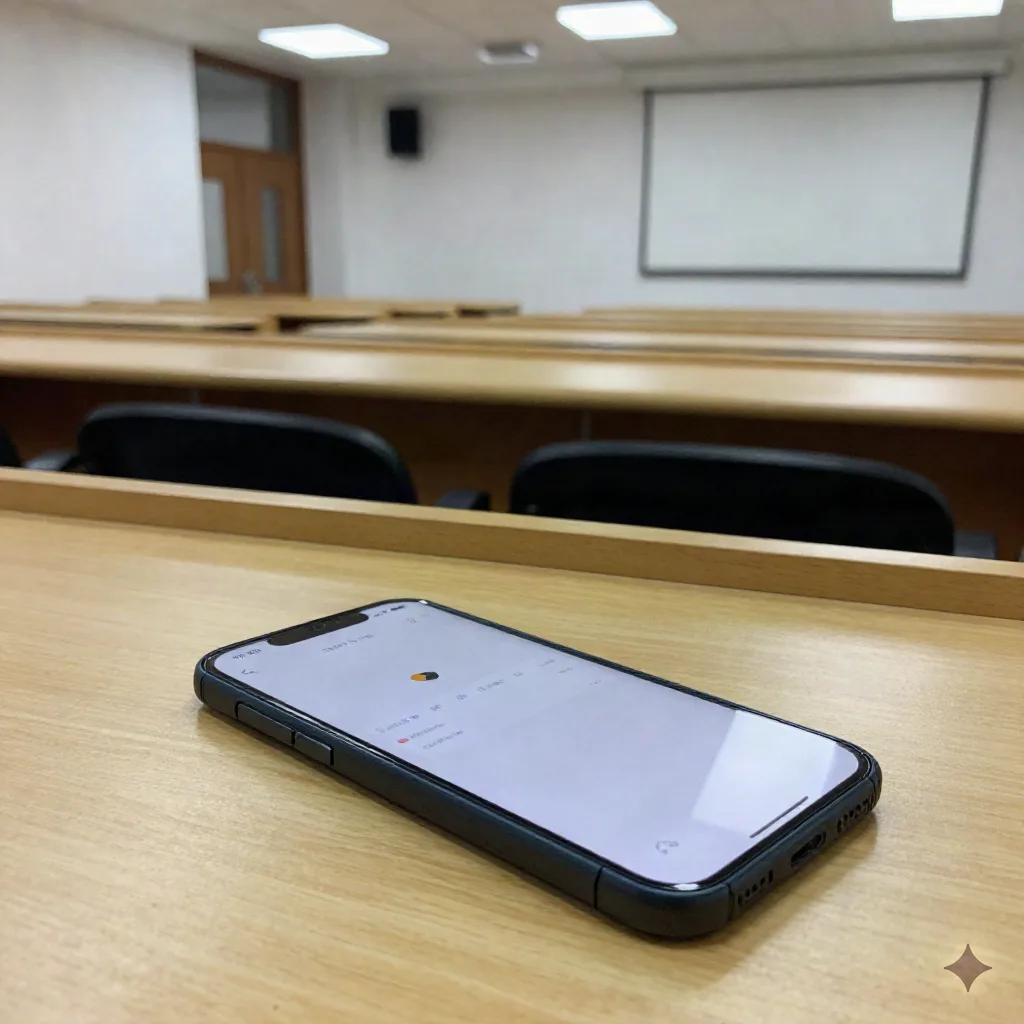 Smartphone enregistrant l'audio dans une amphithéâtre universitaire