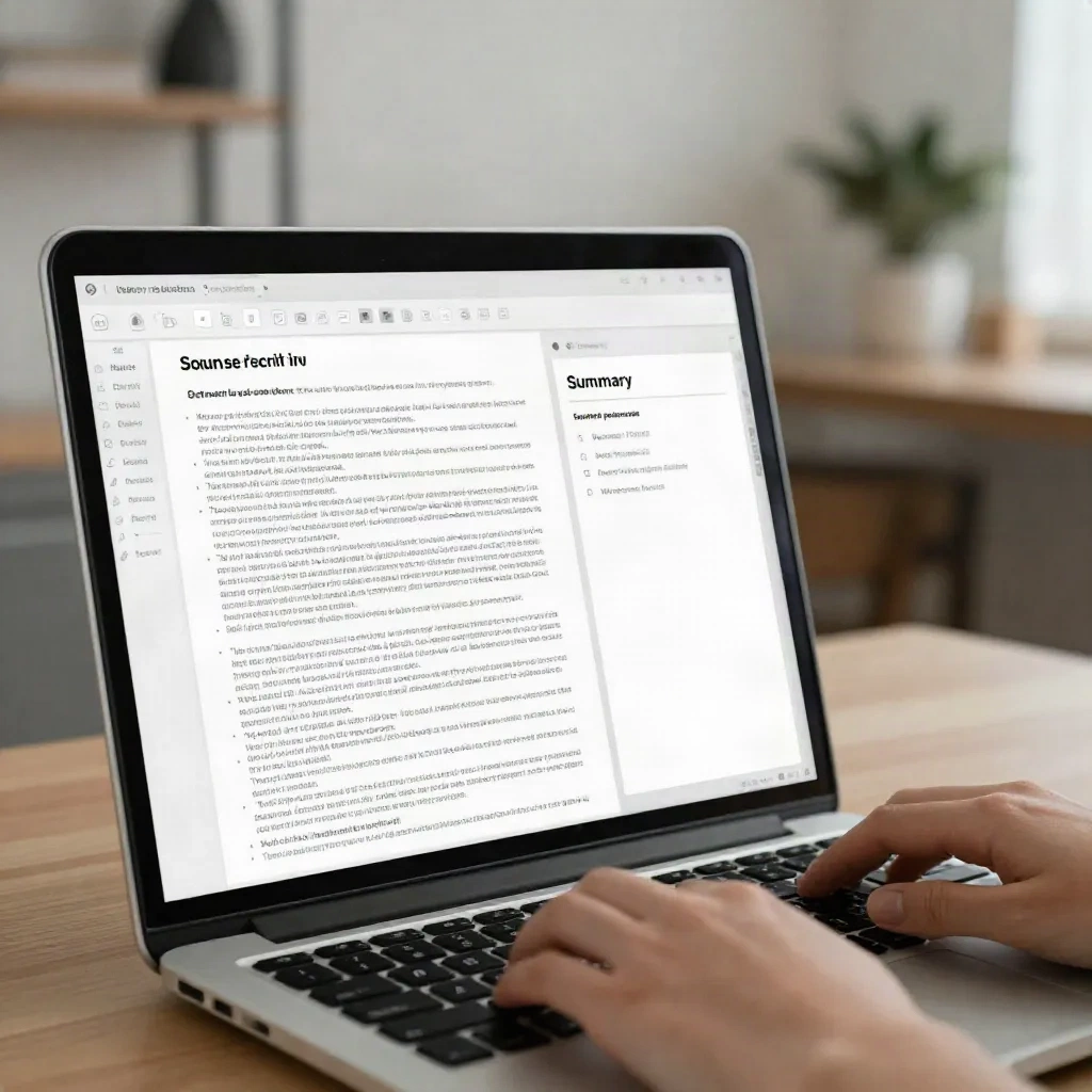 Laptopscherm met een document waarop een samenvattingspaneel naast het originele artikel te zien is