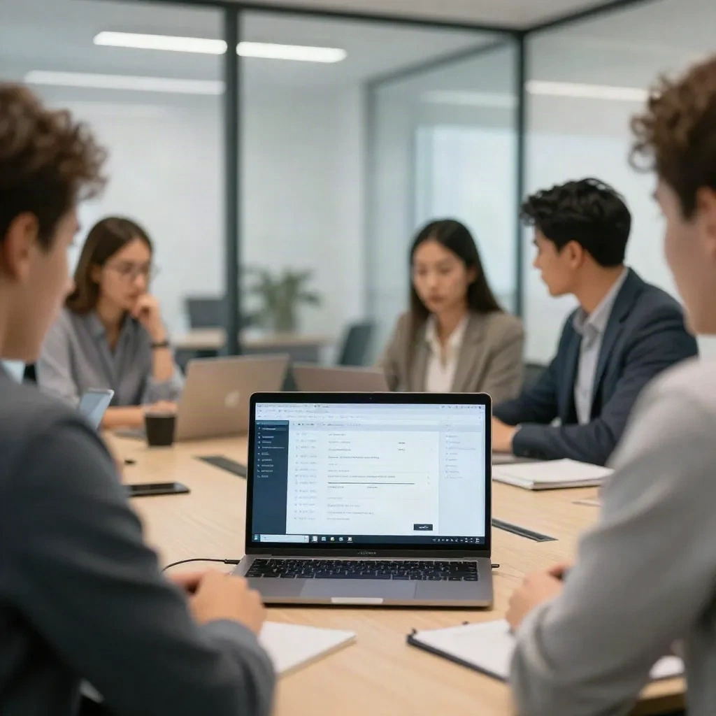 Conference meeting table with laptop displaying AI transcription interface with multiple speaker labels
