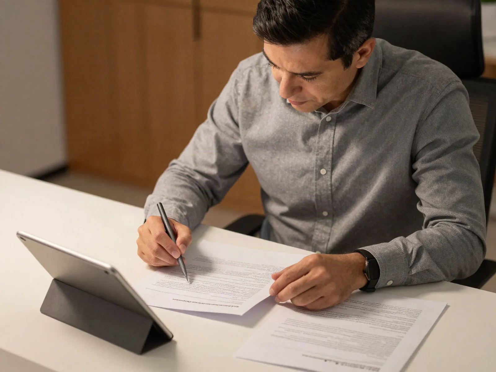 Consultant reviewing printed reports and a tablet at a desk
