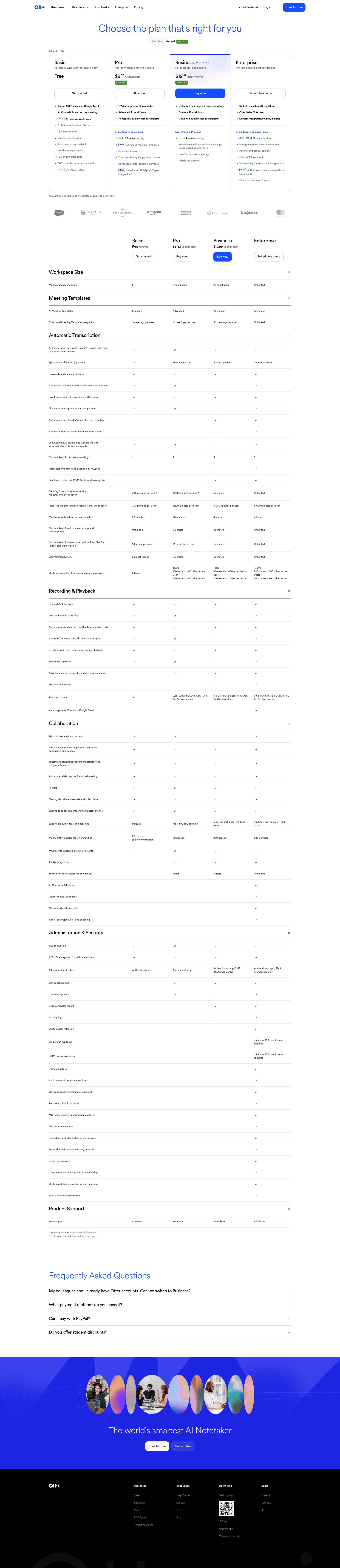 Otter.ai pricing page showing Basic, Pro, Business and Enterprise tiers