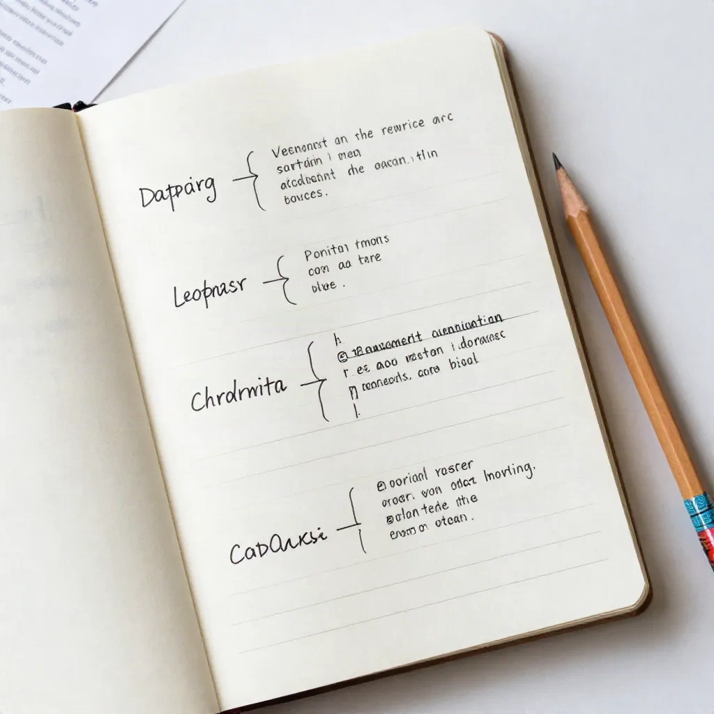 Handgeschreven gestructureerde outline-notities in een open notitieboek naast afgedrukte pagina's
