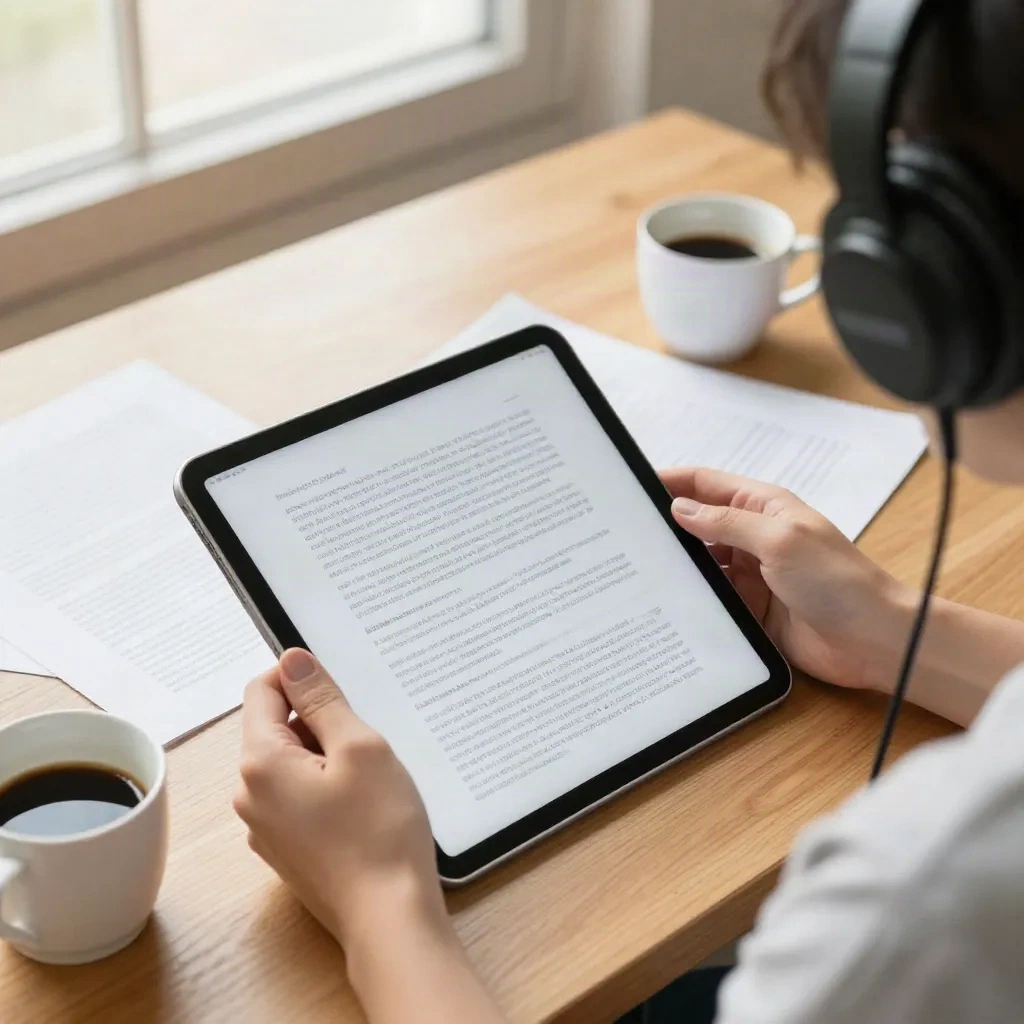 Researcher with headphones reviewing transcript on a tablet at a wooden desk