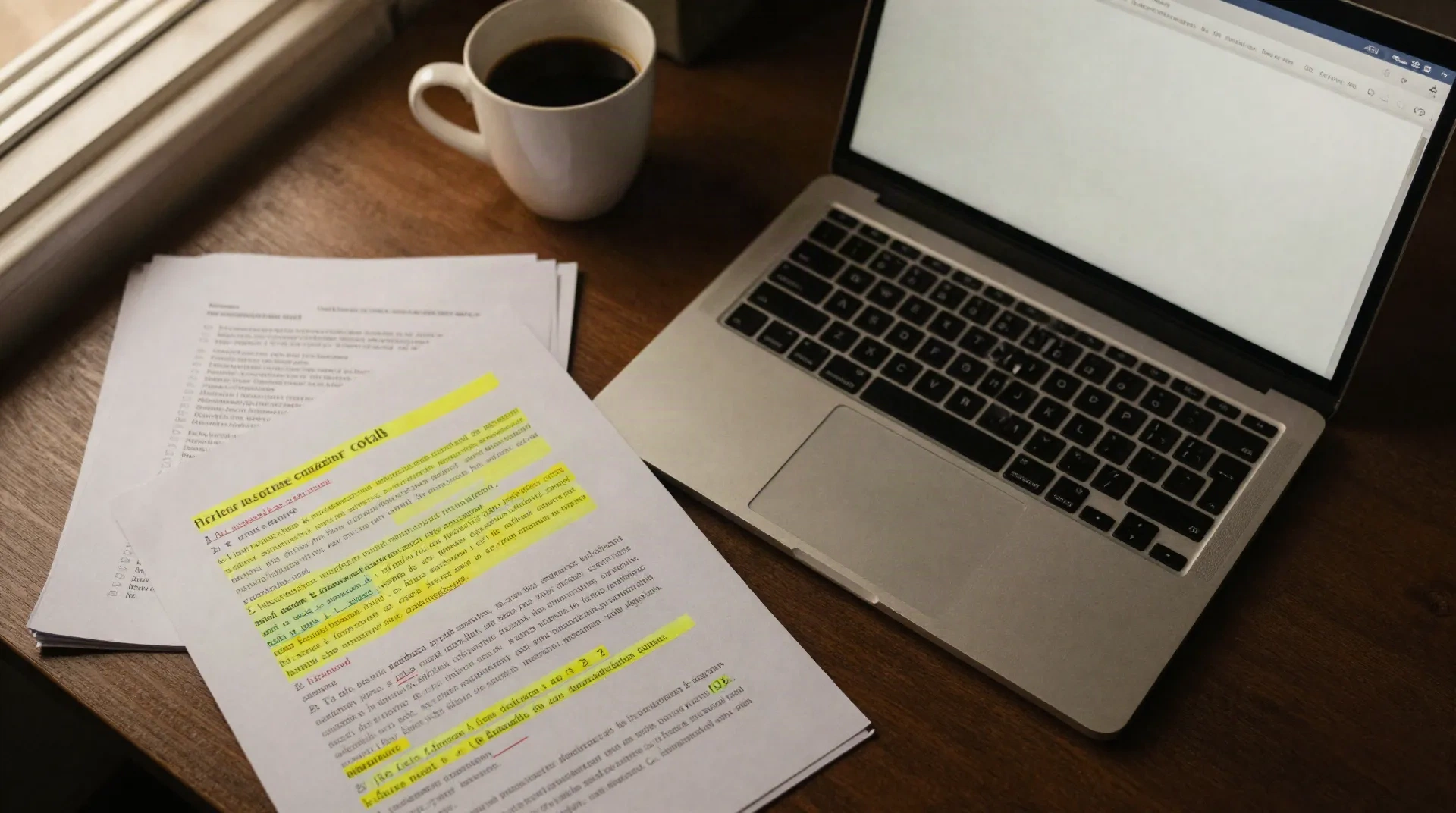 Article académique annoté à côté d'un ordinateur portable affichant une interface de prise de notes