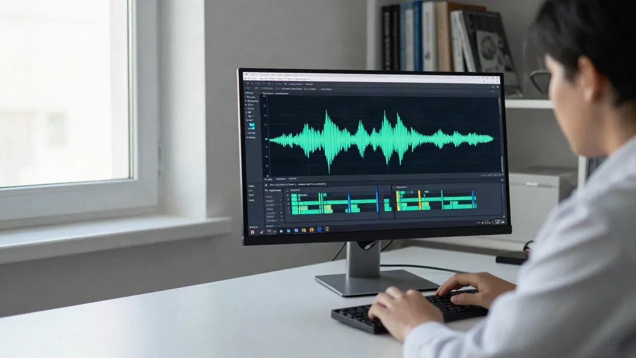 Investigador en el escritorio con onda de audio y transcripción por IA en el monitor