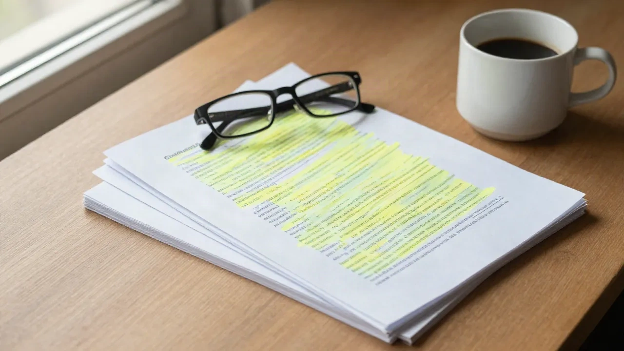 Pagine stampate coperte di segni di evidenziatore giallo accanto a occhiali da lettura e una tazza di caffè