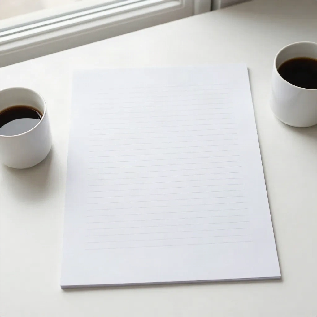Afgedrukt samenvattingsdocument op een opgeruimd bureau naast een koffiekopje in ochtendlicht